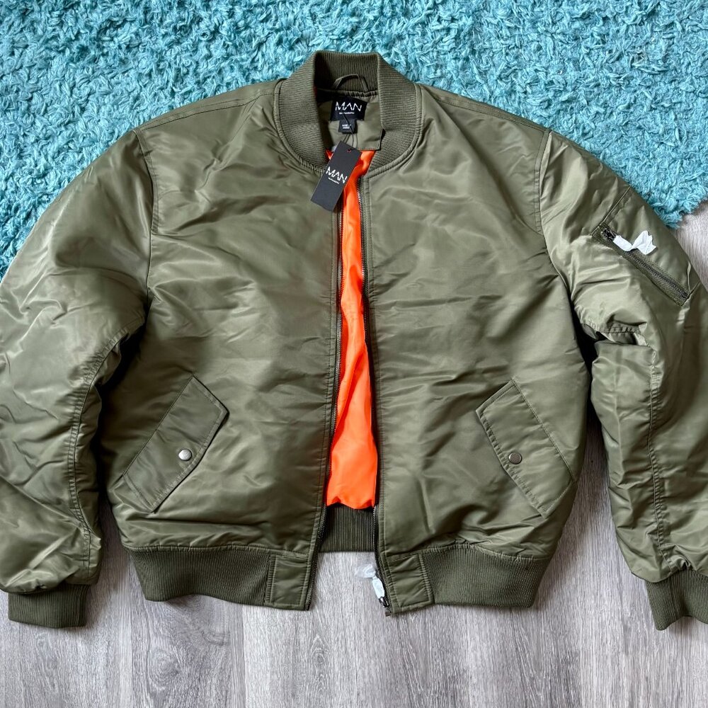 boohooMAN Green/Orange Bomber Jacket